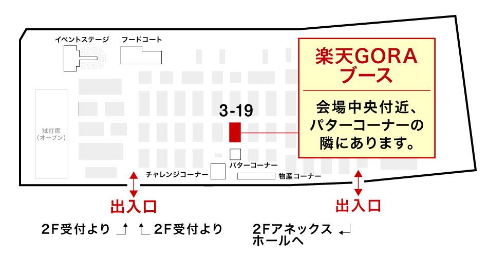 楽天GORAブース 会場左の入口より奥へ直進、イベントステージ付近のゲージタイプ試打席前にあります。