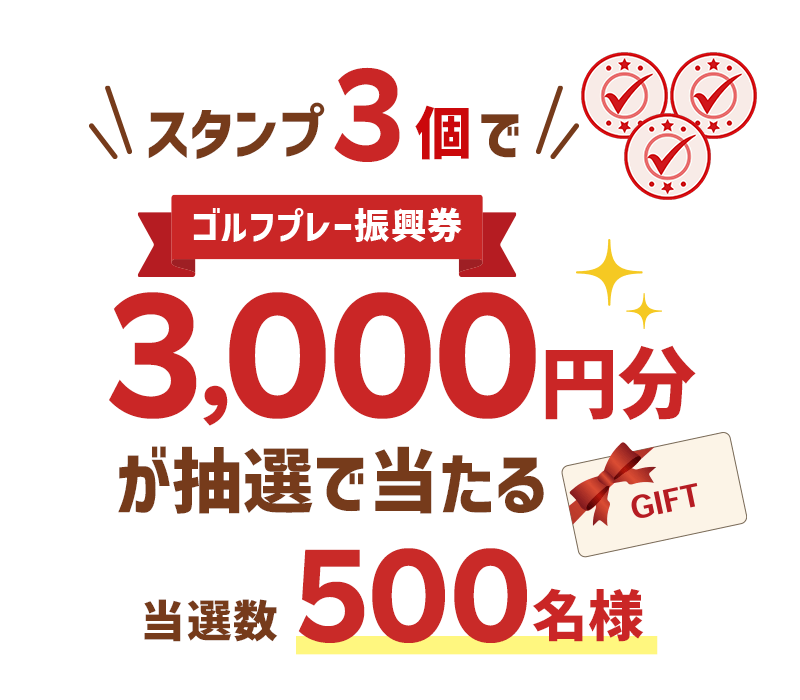 スタンプ3個でゴルフプレー振興券3,000円分が抽選で500名様に当たる
