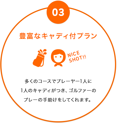 画像:03豊富なキャディ付プラン 多くのコースでプレーヤー1人に1人のキャディがつき、ゴルファーのプレーの手助けをしてくれます。